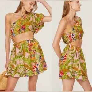 NEW FARM Rio Macaw Leaves Cutout Waist Linen Blend Mini Dress NWT size small
